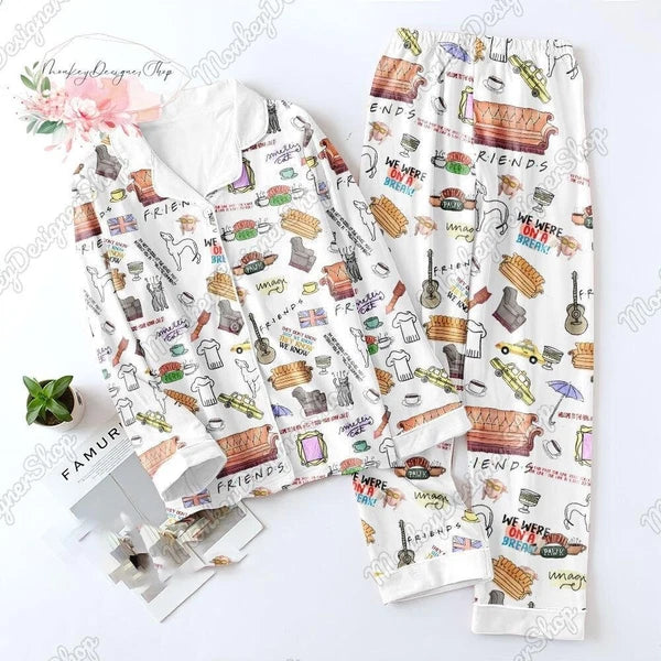 Friends Button Down Pajamas Set, Friends Movie Pajamas, Friends Thick Pajamas, F