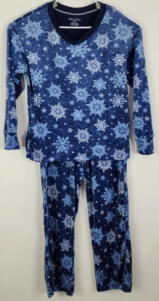 Nautica Womens 2 Piece Pajama Set Size S Blue Snowflake Loose Fit Oversized