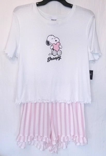Snoopy Womens Size 3X Two Piece Pajama Set Pink White Stripe Short