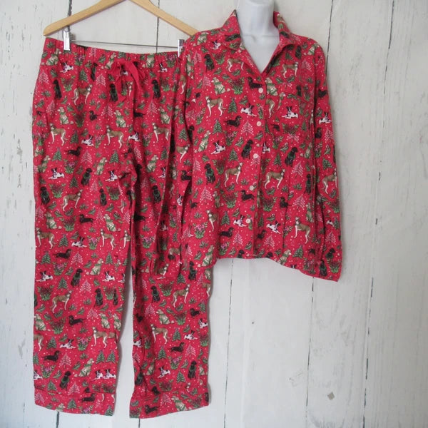 Lands End Pajamas Set L Red Flannel Dog Dachshund Poodle Pants Top Long Sleeve