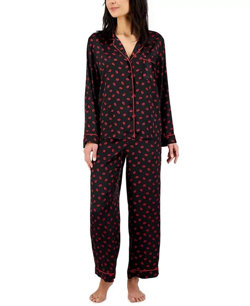 I.N.C. International Concepts Satin Notch Collar Pajama Set, Kissed Lips , XS