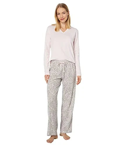 Karen Neuburger Petite Long Sleeve Split-Neck Tee PJ Set (Pink/Frost Leopard)
