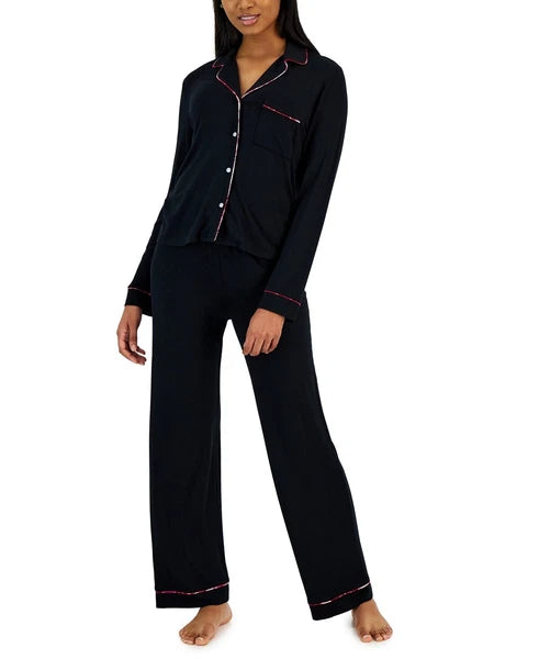 Jenni Women's 2-Piece Notch-Collar Pajama Set, Black With Pink Trim, XS