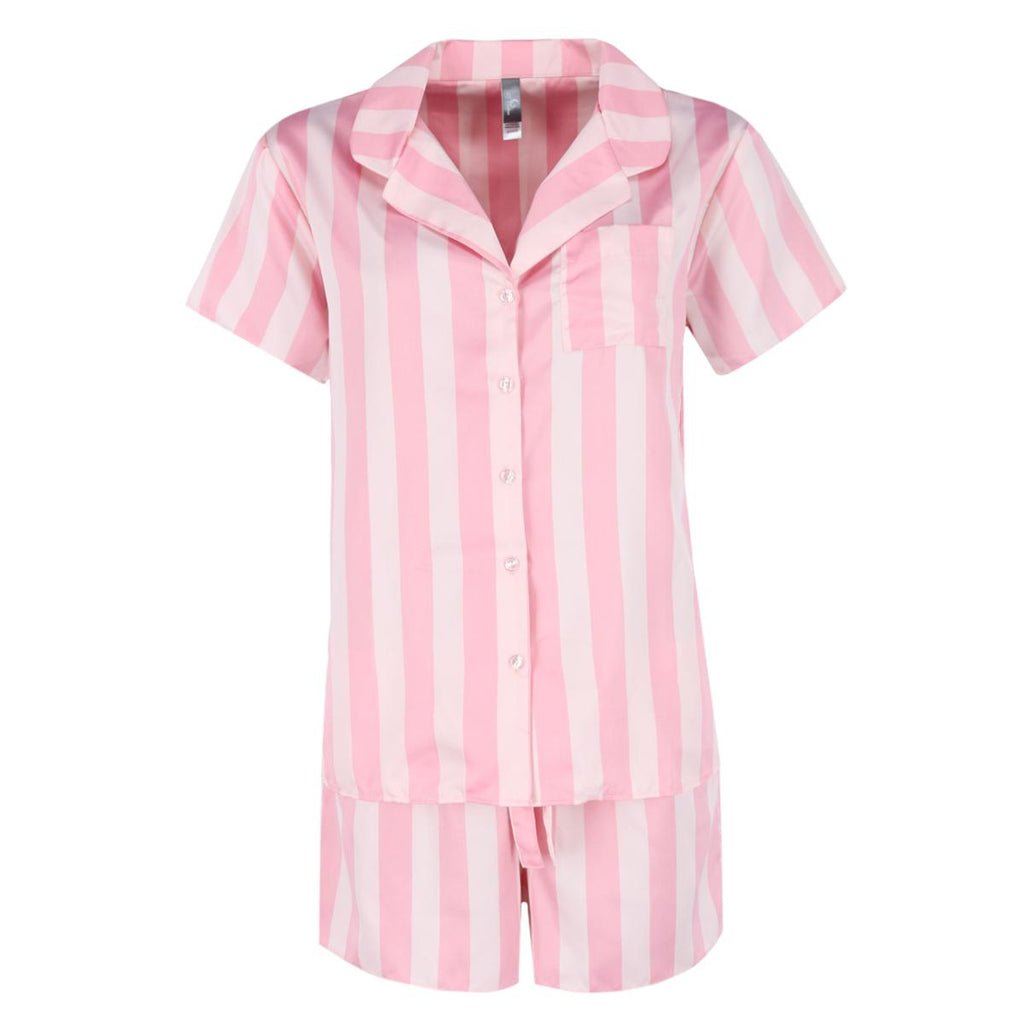 PJ Couture Women's Pink Stripe Notch Collar Short Set