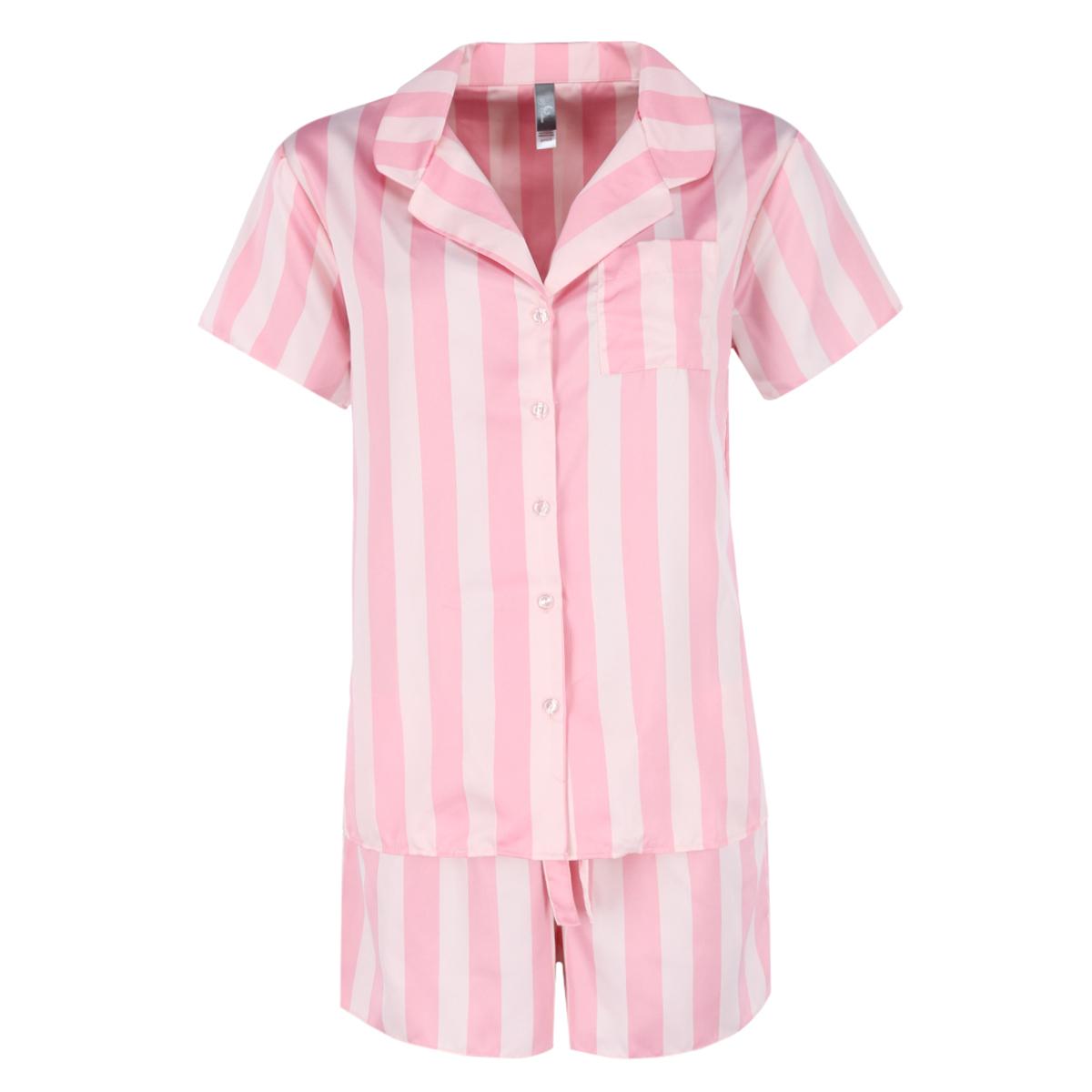 PJ Couture Women's Pink Stripe Notch Collar Short Set