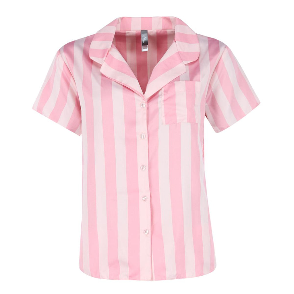 PJ Couture Women's Pink Stripe Notch Collar Short Set