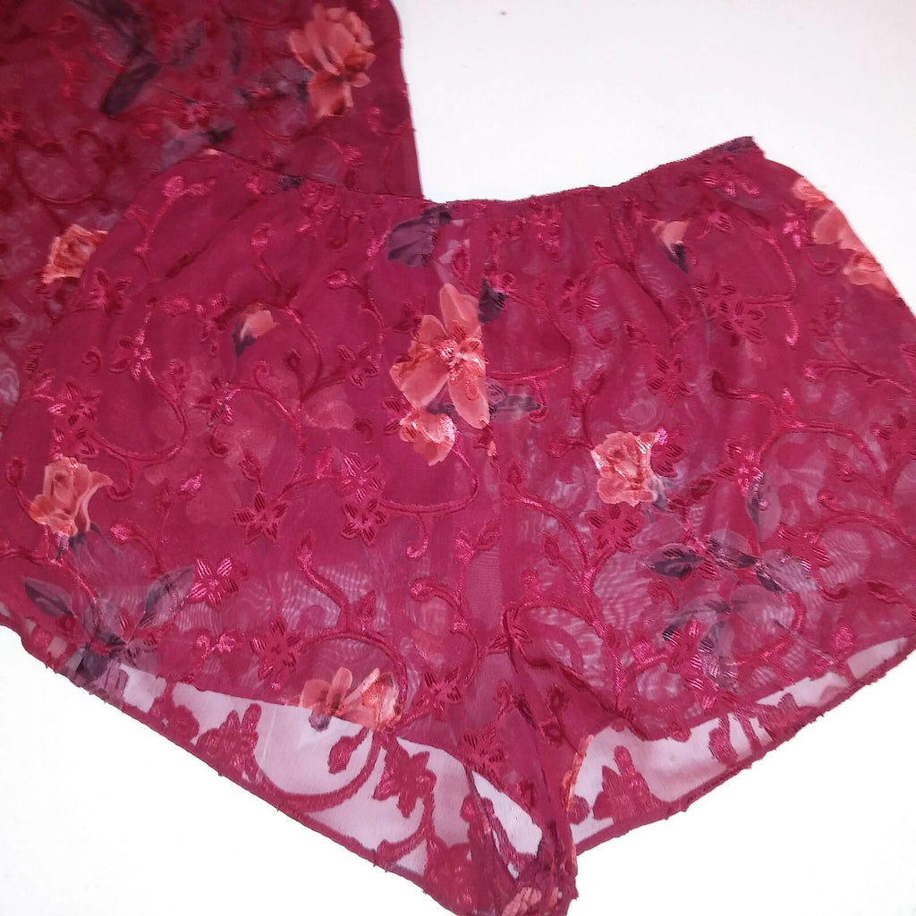 Warners Pajama Set Shorts & Tank Top Medium Burgundy Red Sheer Floral Sleeveless