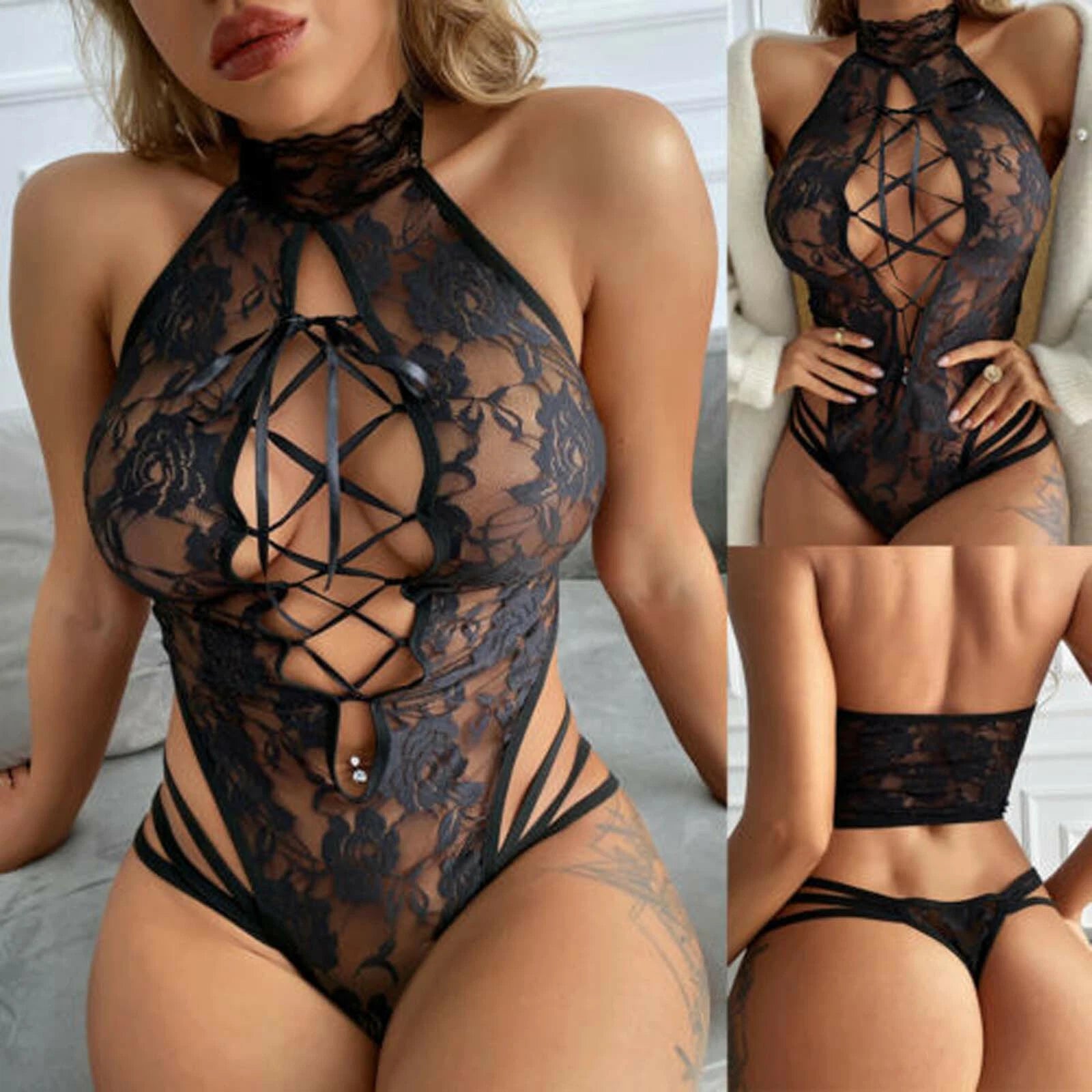 Sexy Lingerie Hollow Lace Straps See-through Jumpsuit Cat Girl Erotic Lingerie