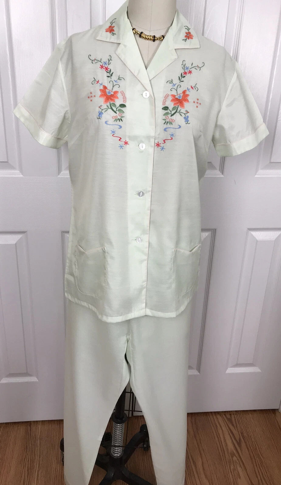 NWT FEDO ASIAN EMBROIDERED S/S PAJAMA SET/LOUNGE WEAR GREEN SIZE L