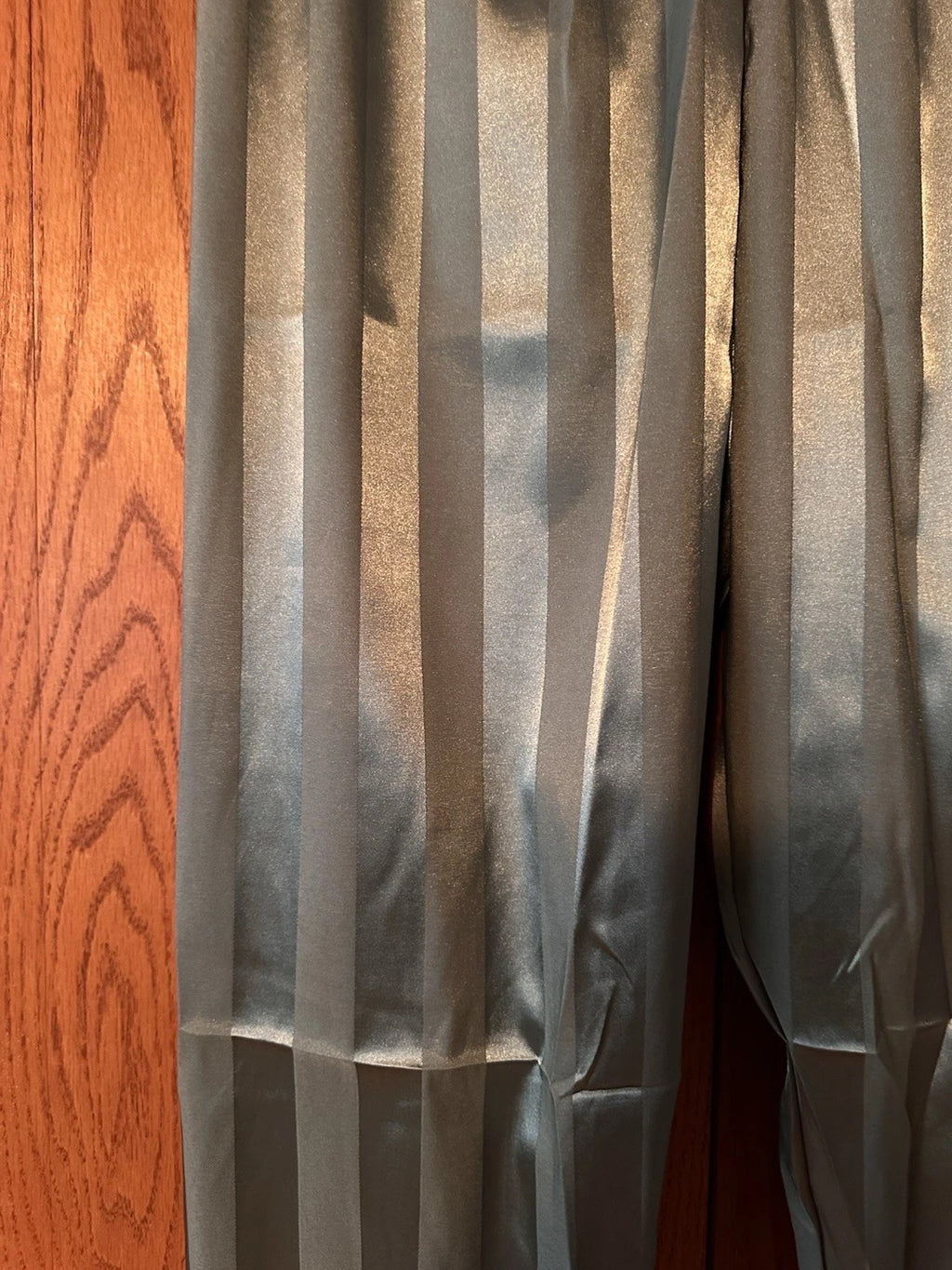 Womens Satin Feel Pajama Set Large Green Striped Contrast Binding Elastic Waist