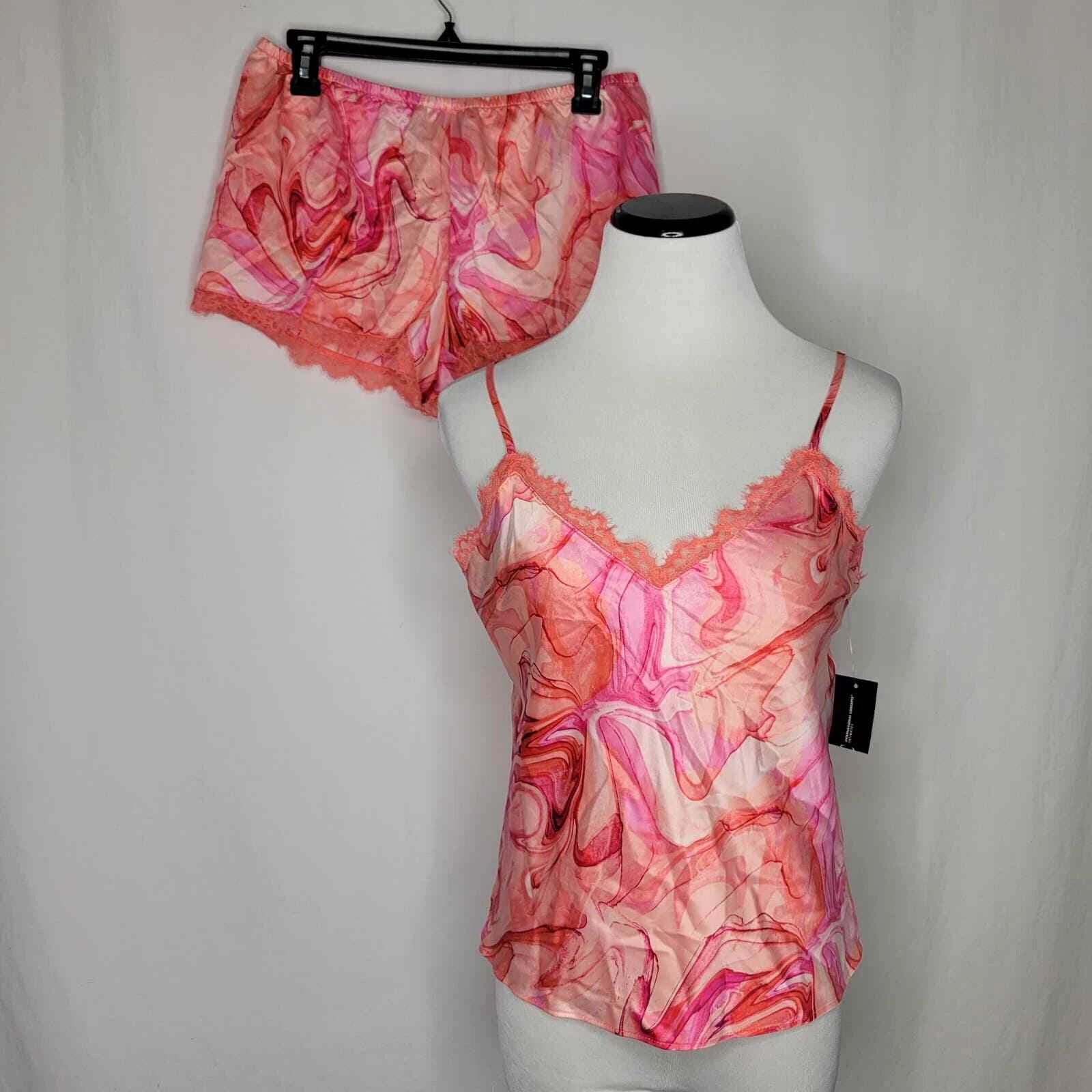 INC International Concepts Lace-Trim Satiny Pajama Set Marble Pink NWT X-Small