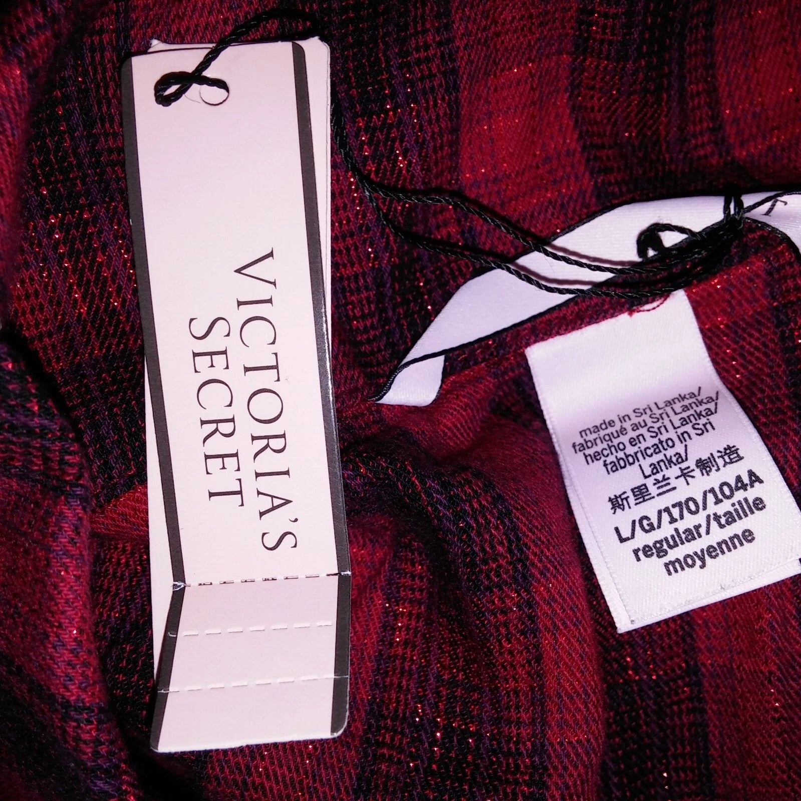 Victoria Secret Pajama Set Large Top & Bottom Red Black Plaid Button Up New