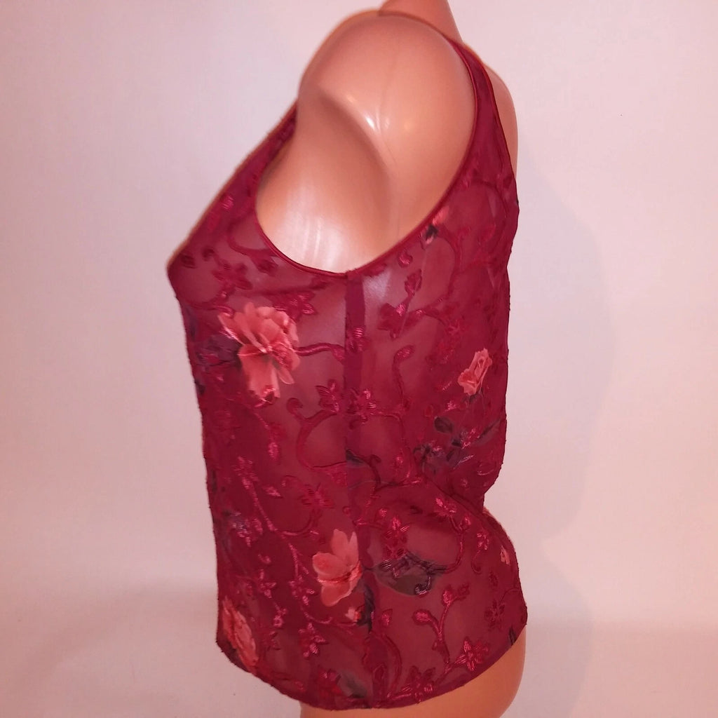 Warners Pajama Set Shorts & Tank Top Medium Burgundy Red Sheer Floral Sleeveless