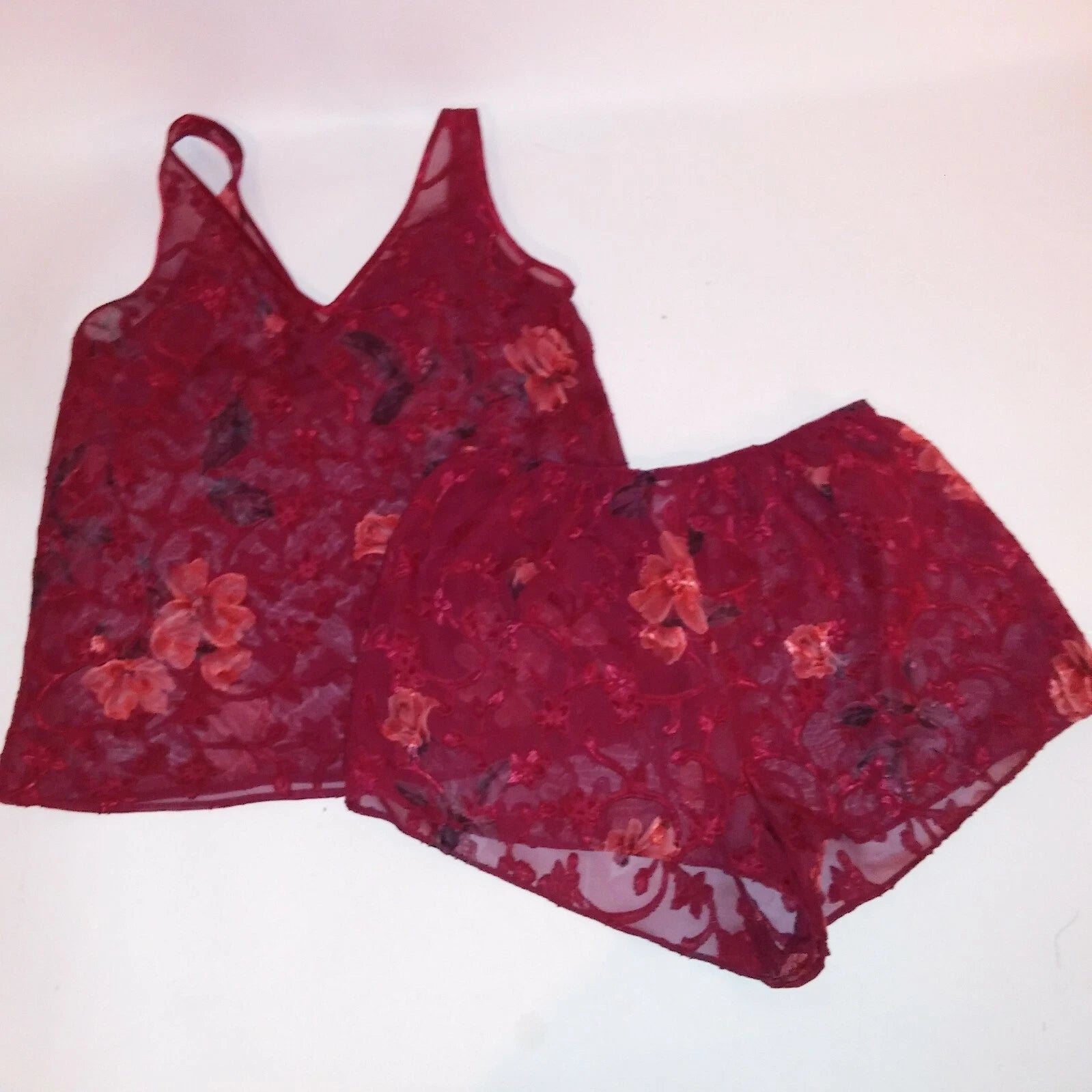 Warners Pajama Set Shorts & Tank Top Medium Burgundy Red Sheer Floral Sleeveless