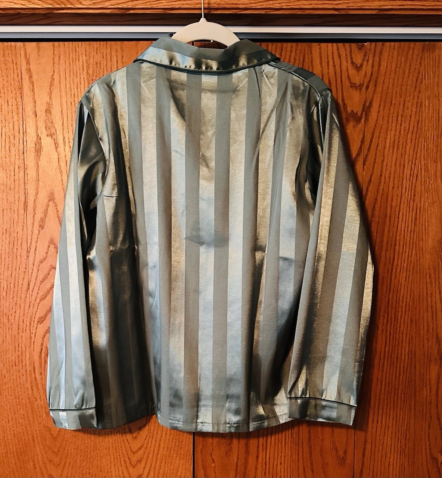 Womens Satin Feel Pajama Set Large Green Striped Contrast Binding Elastic Waist