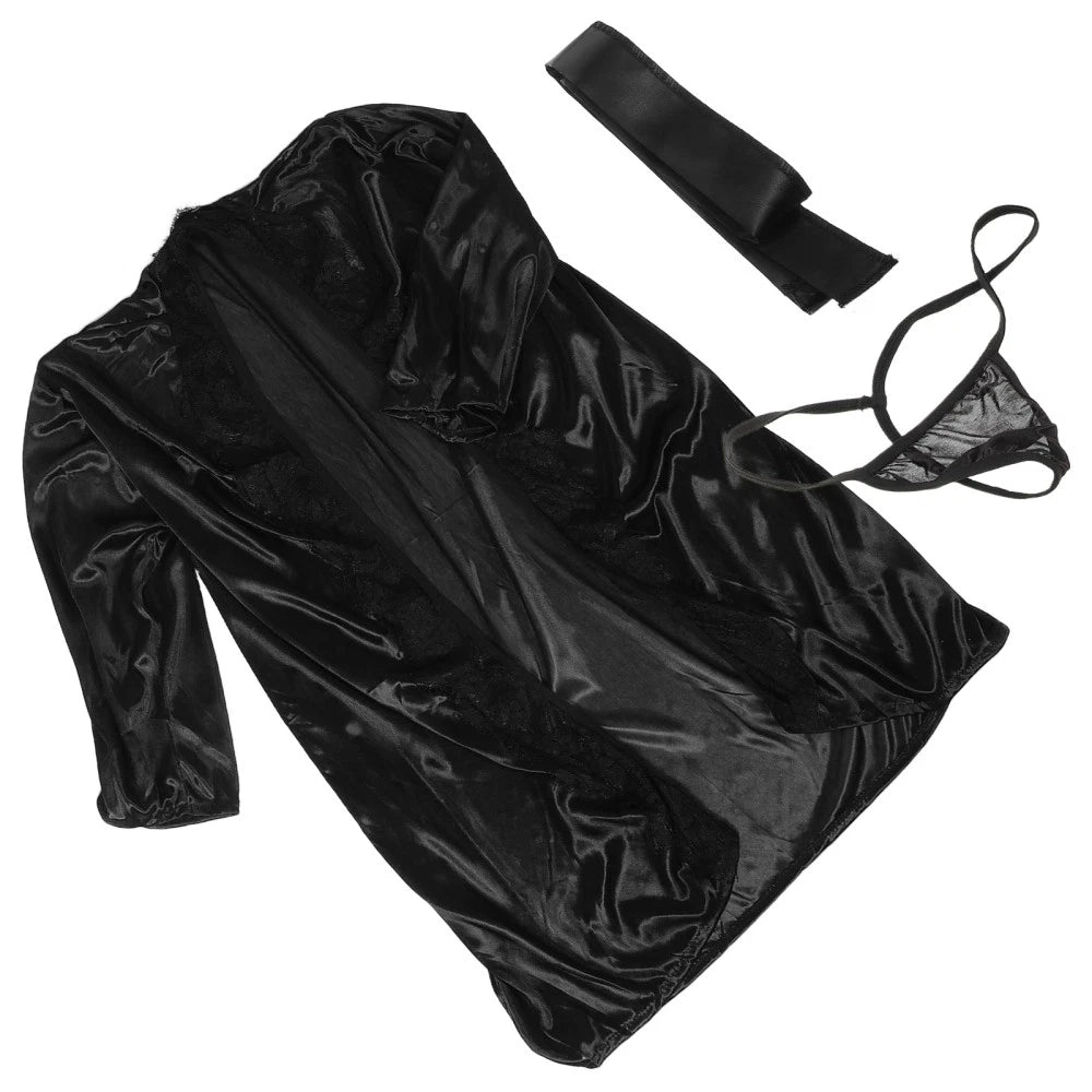 Women's Kimono Robe Lace Trim Pajama Set V-Neck Sleepwear Lace Lingeries Set