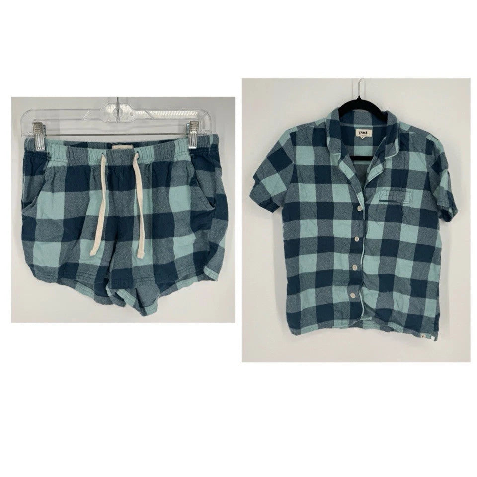 Pact pajama set xs green check plaid organic cotton cabin cozy outdoor gorpcore