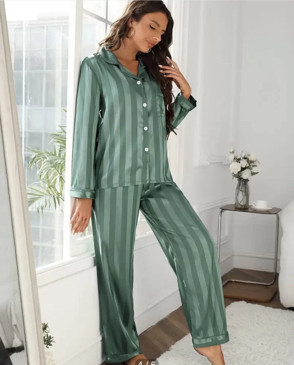 Womens Satin Feel Pajama Set Large Green Striped Contrast Binding Elastic Waist