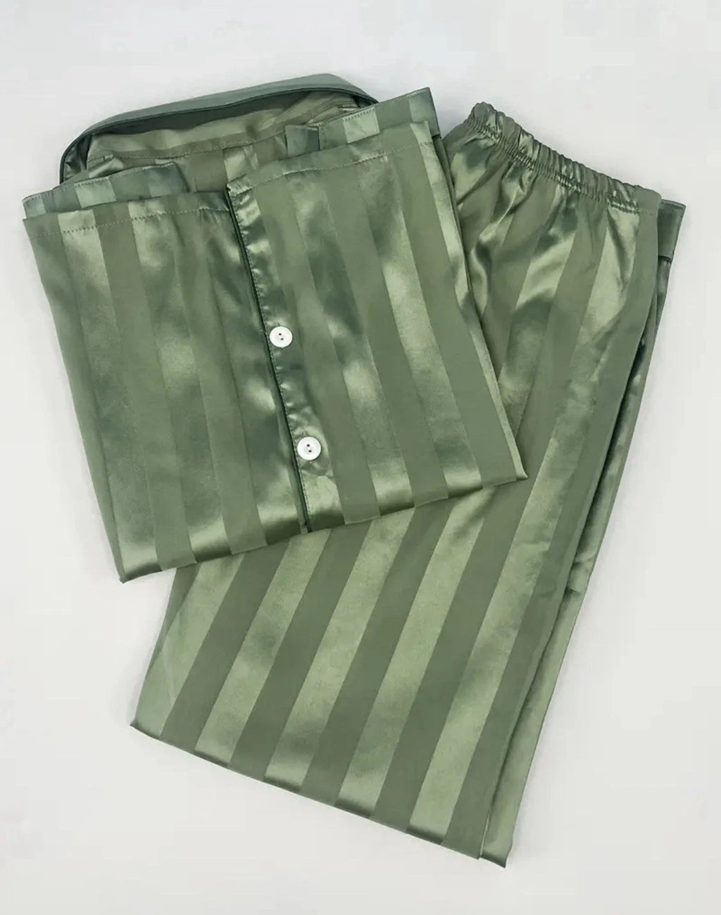 Womens Satin Feel Pajama Set Large Green Striped Contrast Binding Elastic Waist