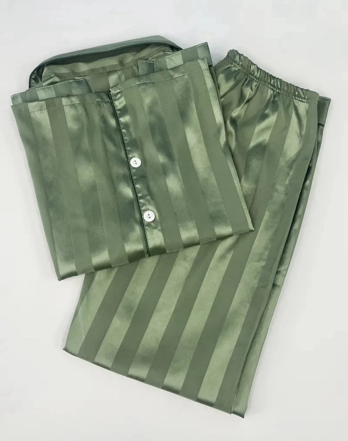 Womens Satin Feel Pajama Set Large Green Striped Contrast Binding Elastic Waist