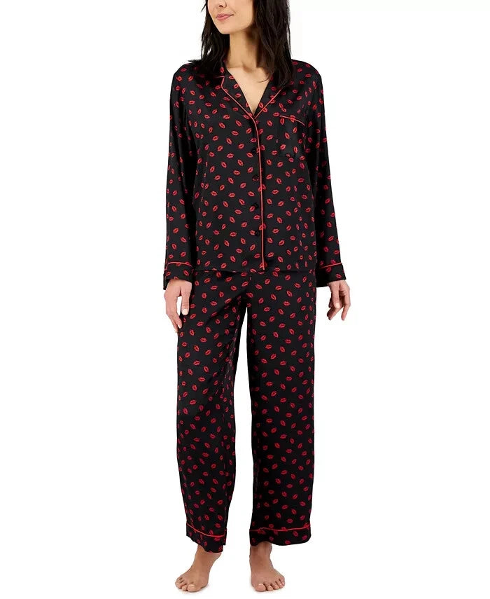 I.N.C. International Concepts Satin Notch Collar Pajama Set, Kissed Lips , XS