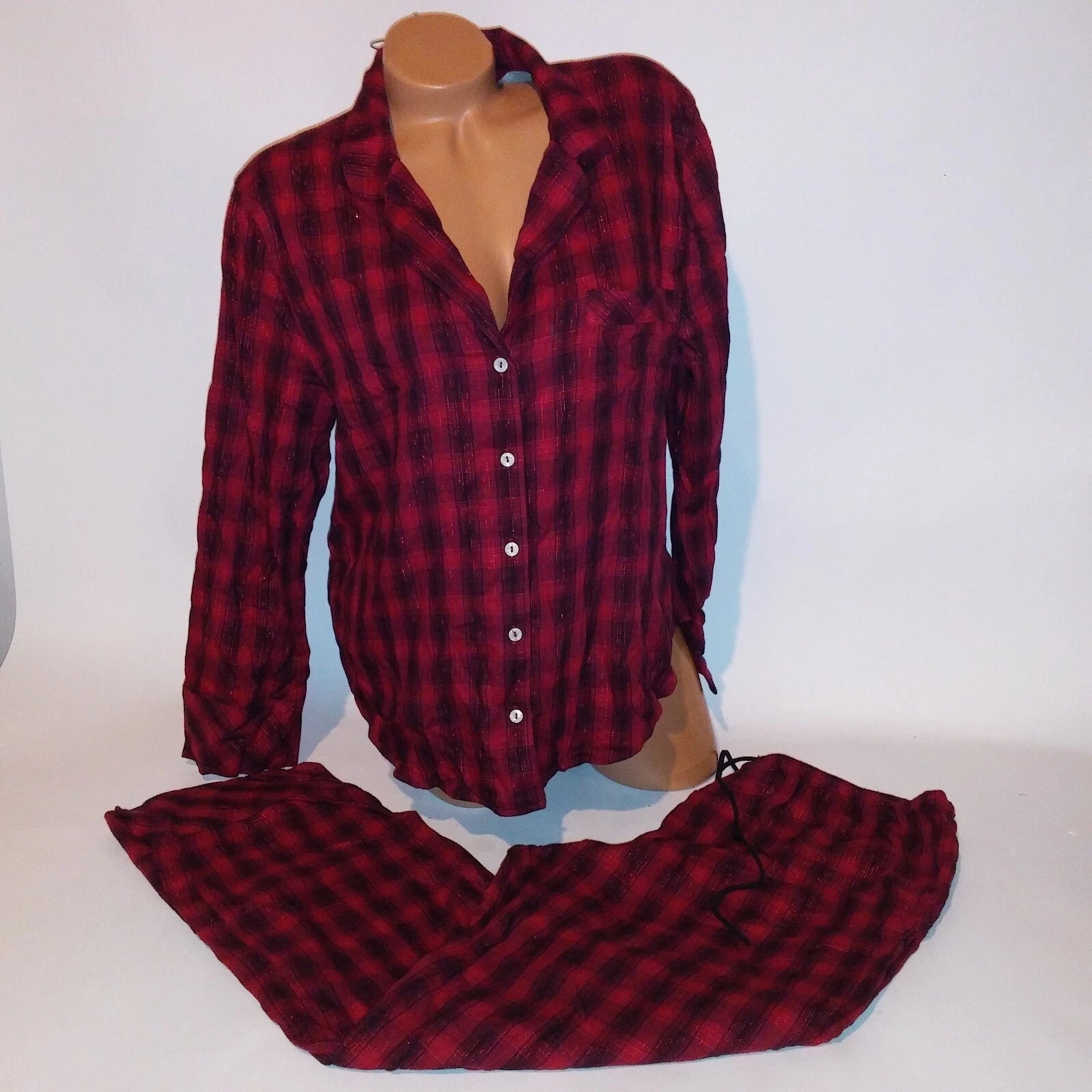 Victoria Secret Pajama Set Large Top & Bottom Red Black Plaid Button Up New