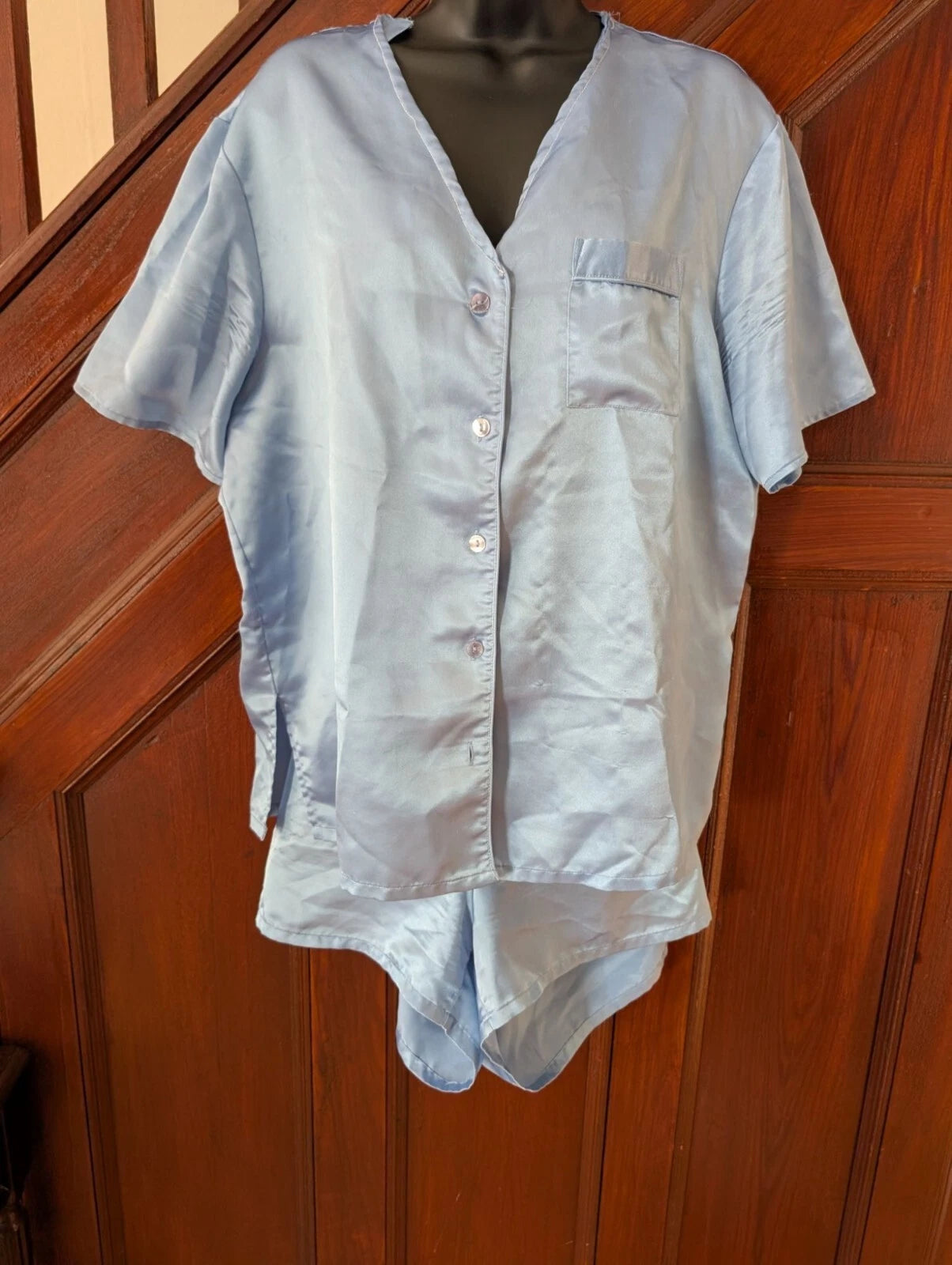Valerie Stevens Womens Light Blue Satin Pajama Set Button-Up Top & Shorts