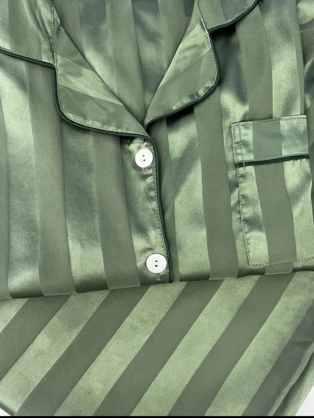 Womens Satin Feel Pajama Set Large Green Striped Contrast Binding Elastic Waist