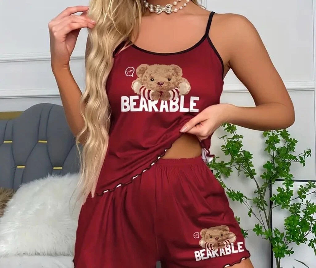 Women's Pajama Set, Size Large Dark Red, Bearable Print, New