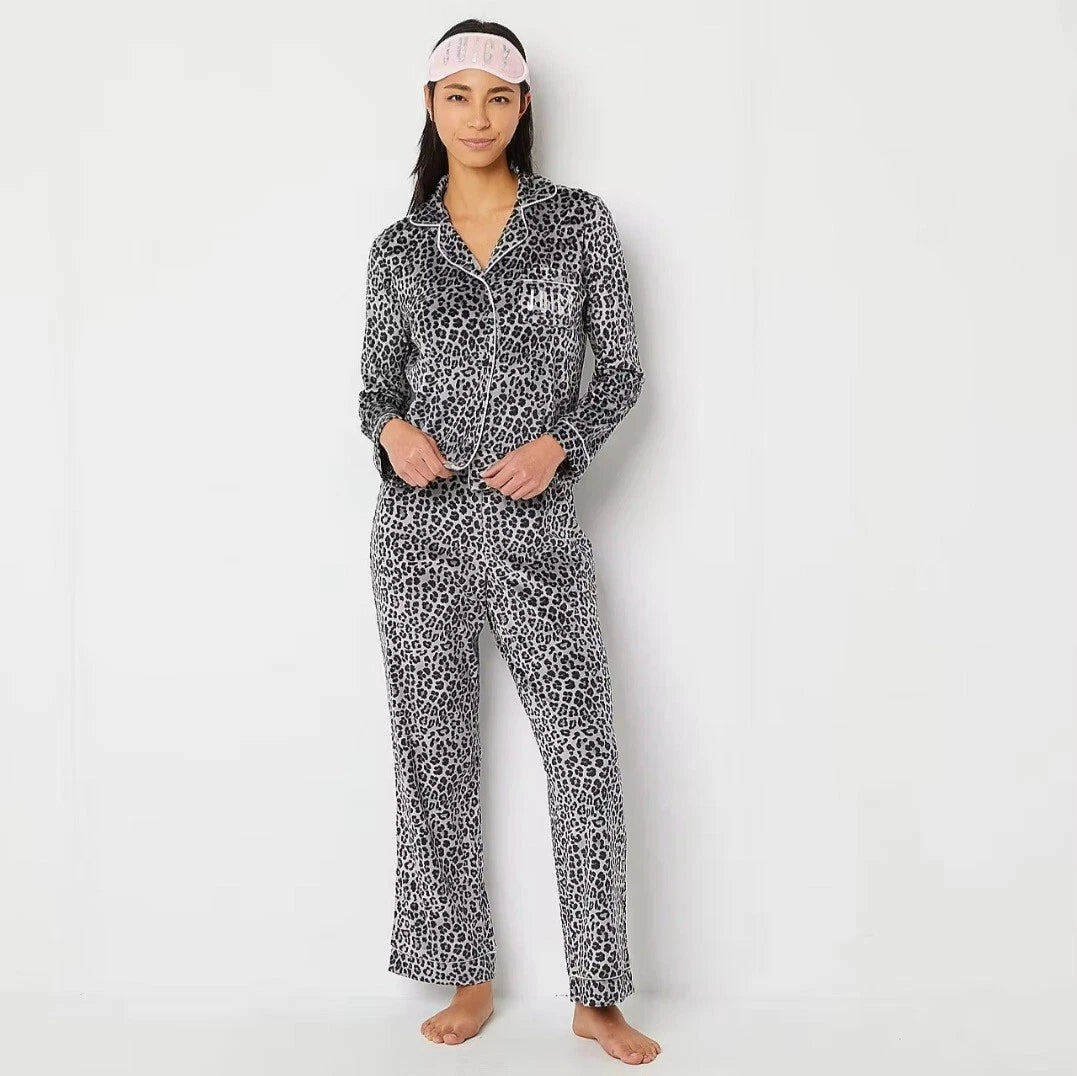 Juicy Couture 4 PC Grey Leopard Cheetah Soft Pajamas Sleepwear Set L
