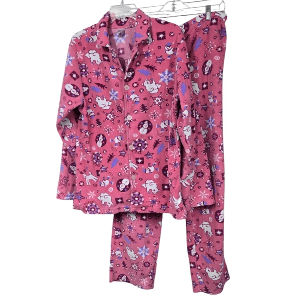 Women's Christmas Pajama 2pc Set Pink Fleece Holiday Sleep Set Sleepwear Polar