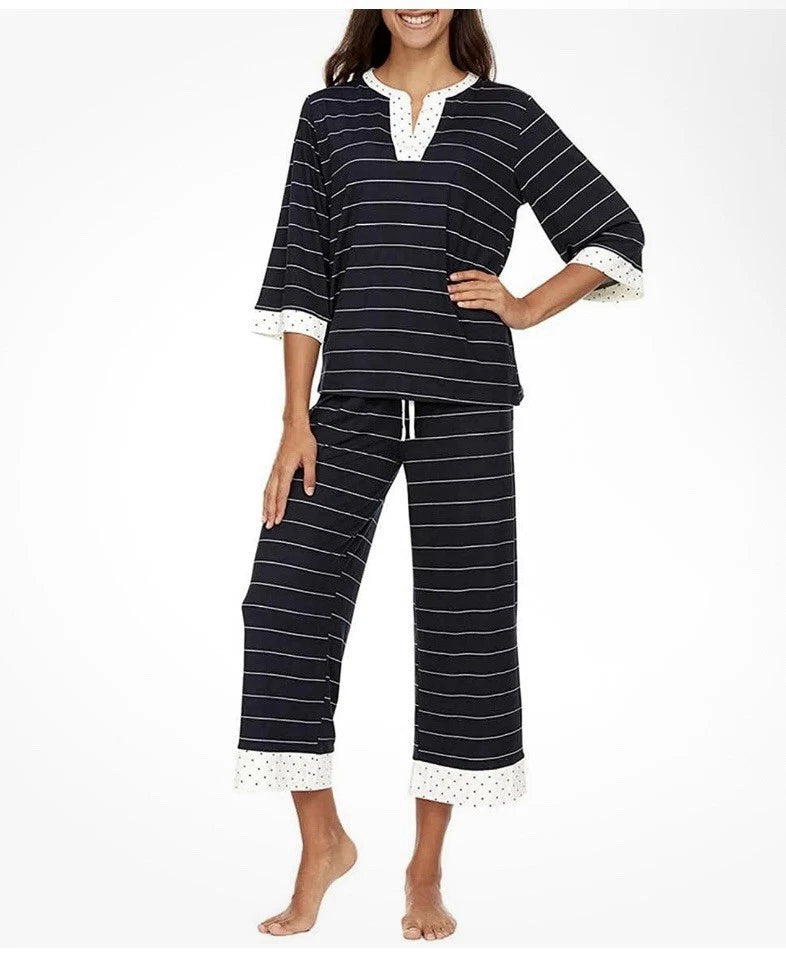 Flora Nikrooz, 2 Pc 3/4 Sleeve + Crop Pant PJ Set/NWT/sz S/Navy-white
