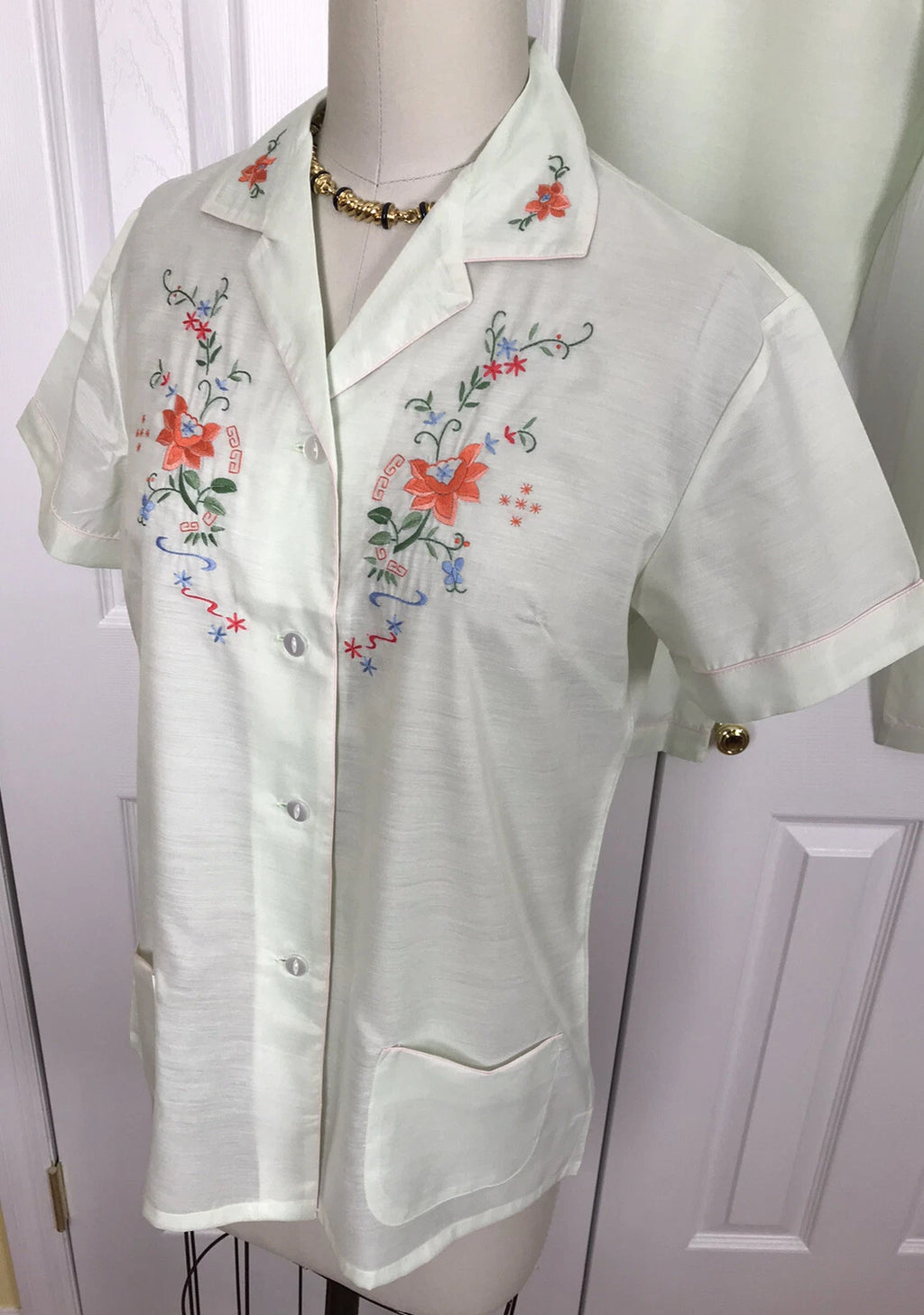 NWT FEDO ASIAN EMBROIDERED S/S PAJAMA SET/LOUNGE WEAR GREEN SIZE L