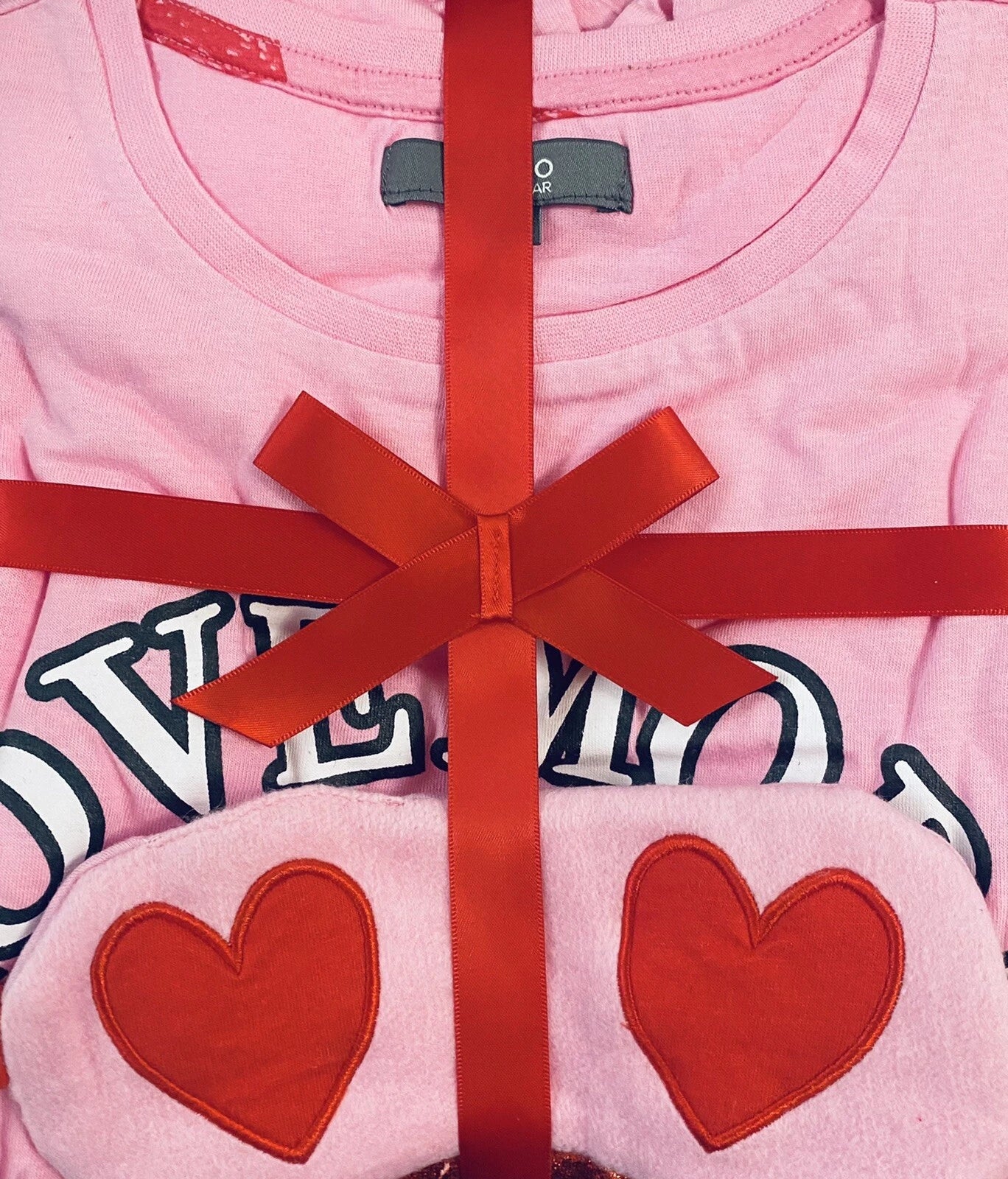 New Womens Love More Pyjama & Eye Mask Set Pink Size UK 20/22