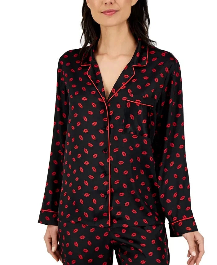 I.N.C. International Concepts Satin Notch Collar Pajama Set, Kissed Lips , XS