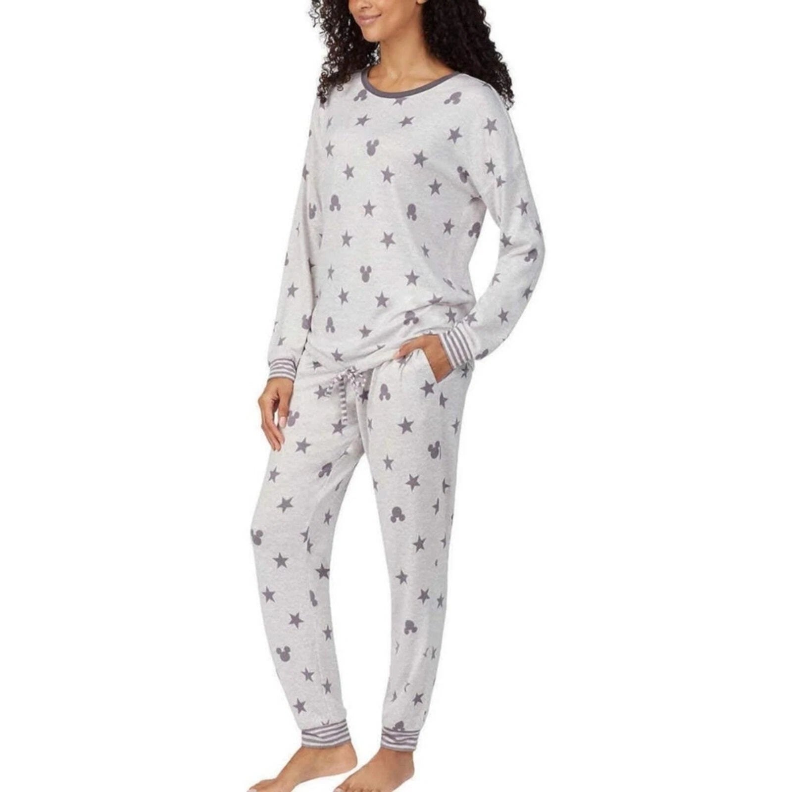 Disney Mickey Mouse Print Women's 2 Piece Pajama Set Grey Black Size XL
