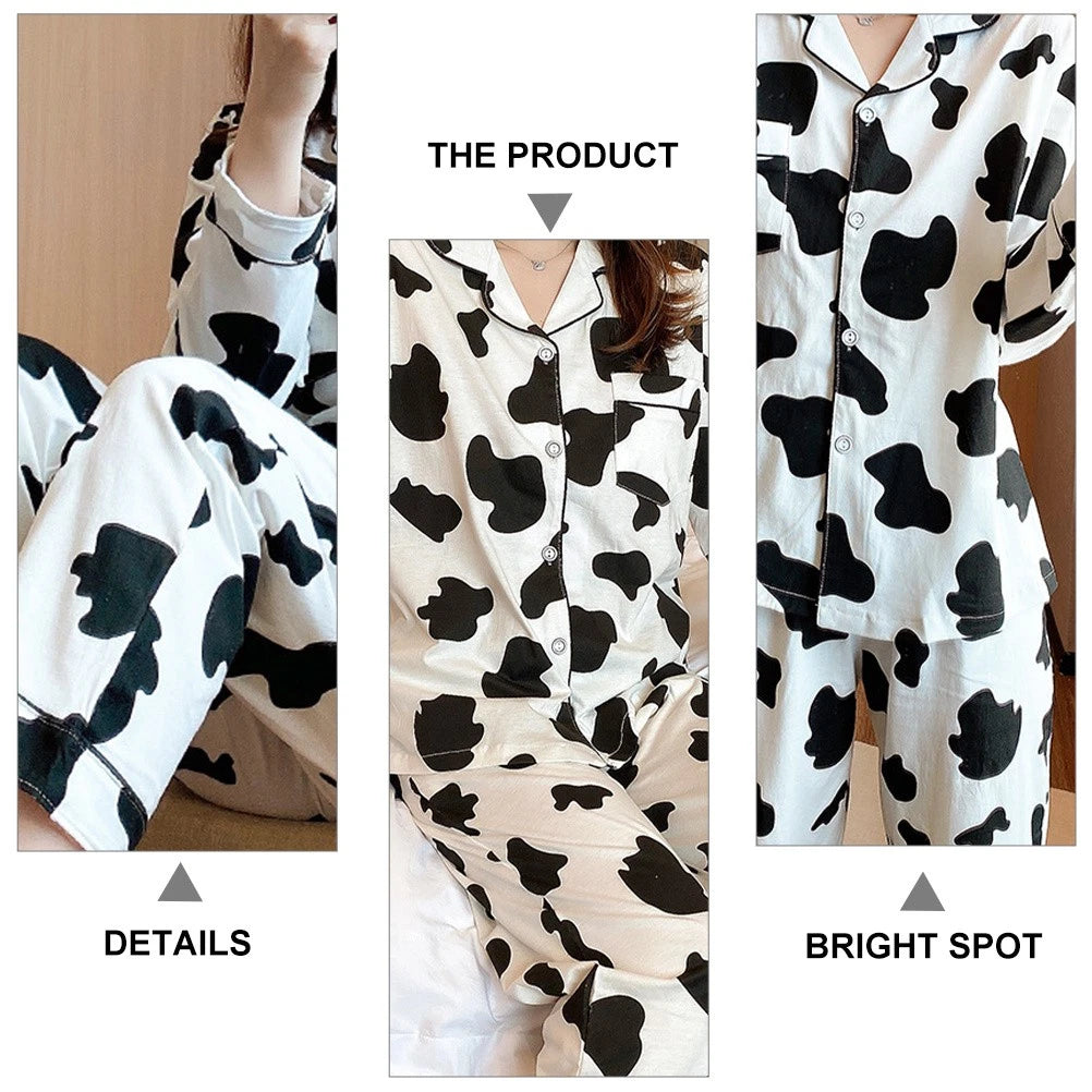 1 Set Women Long Sleeve Sleepwear Long Pants Home Cow Pattern Pajamas (XL)