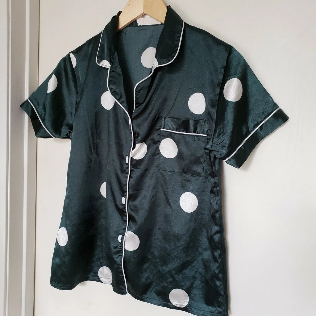 Shein Women's Size Small Silky Green White Polka Dot 2 Piece Pajama Set