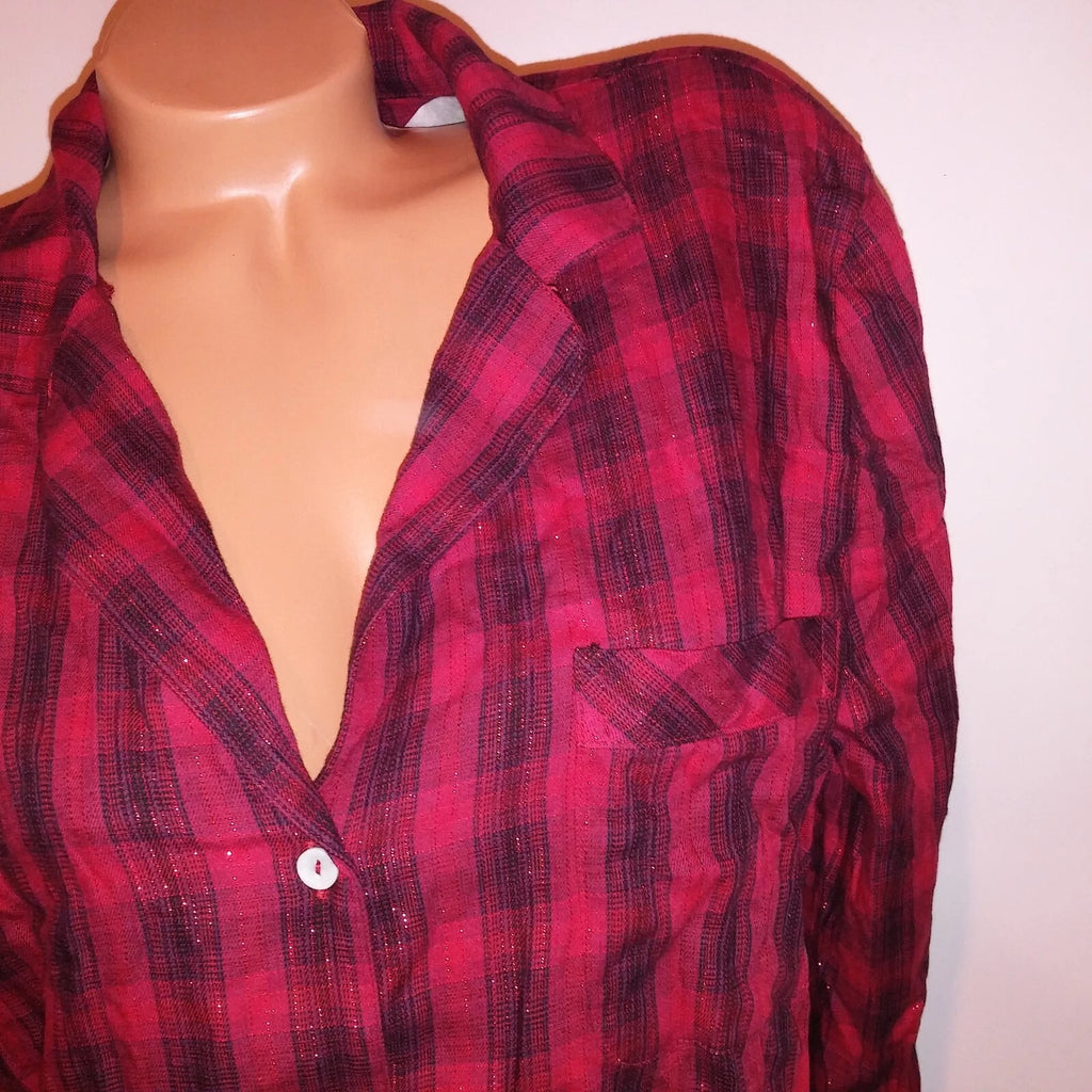 Victoria Secret Pajama Set Large Top & Bottom Red Black Plaid Button Up New