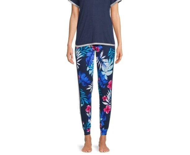 -2 PCS SECRET TREASURES NAVY BLUE FLORAL LONG JOGGER PANTS POCKETS & NAVY TOP 3X