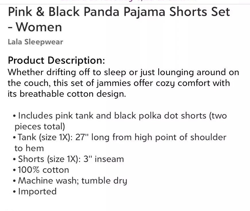 Lala Sleepwear Sequin Panda Pjs Tank Top & Shorts Pink Size:M NEW