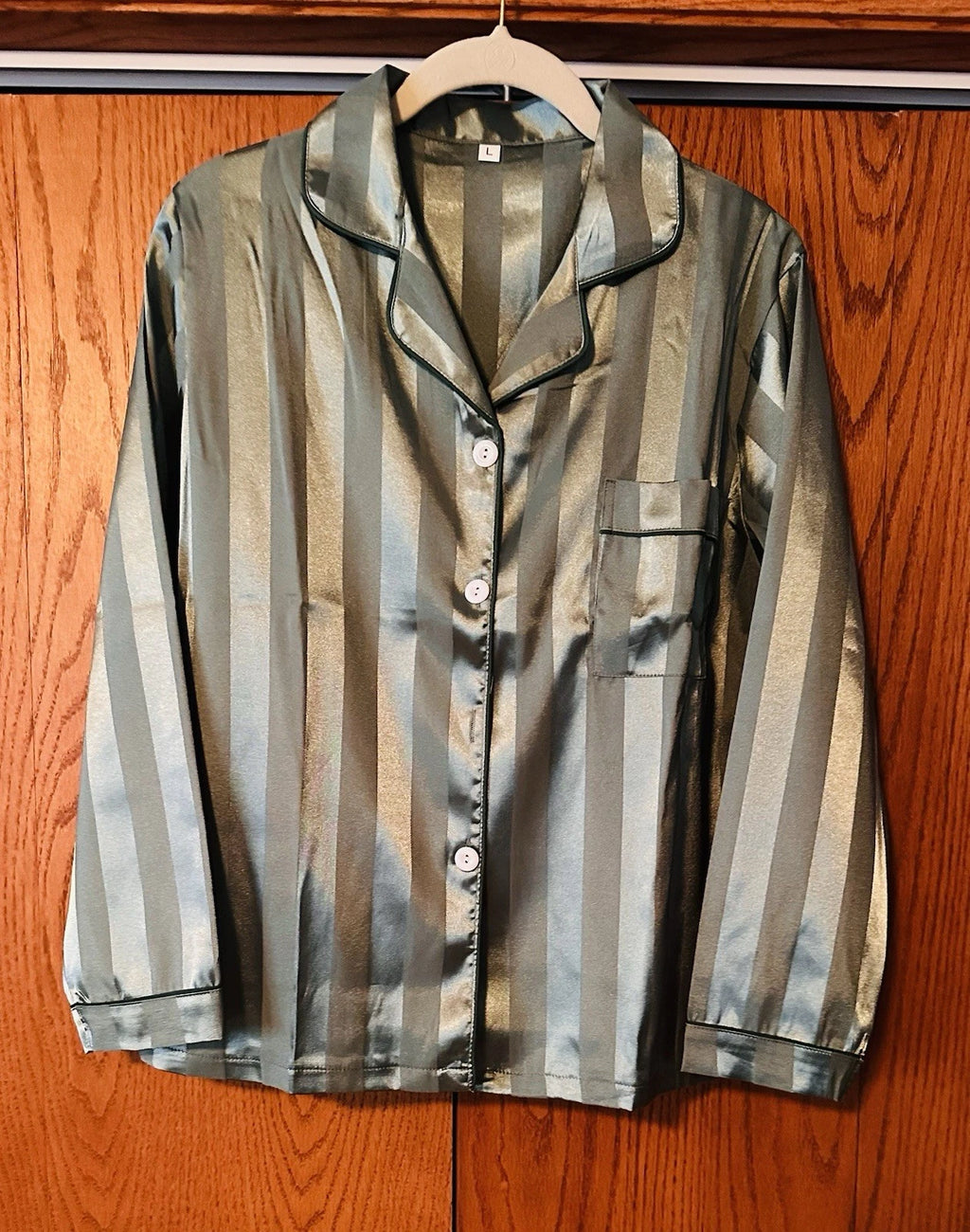 Womens Satin Feel Pajama Set Large Green Striped Contrast Binding Elastic Waist