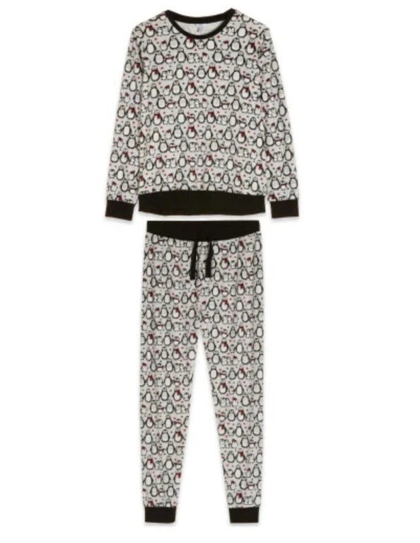 M&Co Grey Penguin Fleece Pyjamas Women Christmas Gift Warm Cosy UK 8-10 £28