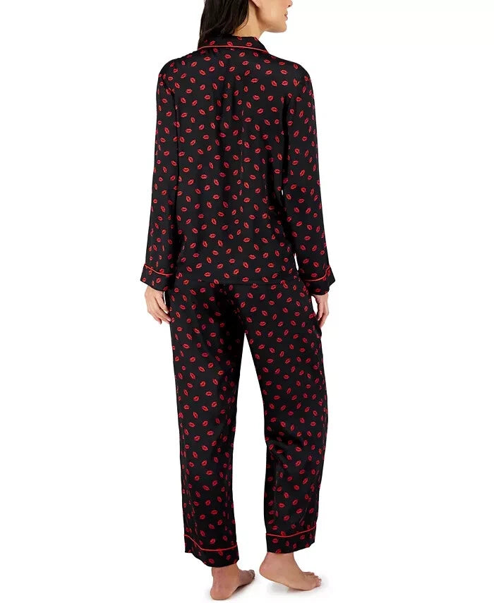 I.N.C. International Concepts Satin Notch Collar Pajama Set, Kissed Lips , XS