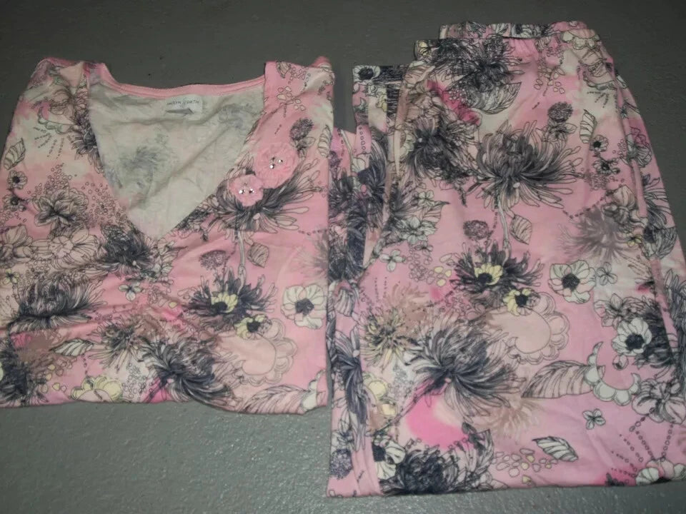 JACLYN SMITH BLUE PINK FLORAL PJ TOP & CAPRI PANTS PAJAMA SET WOMEN SZ SMALL 4 6