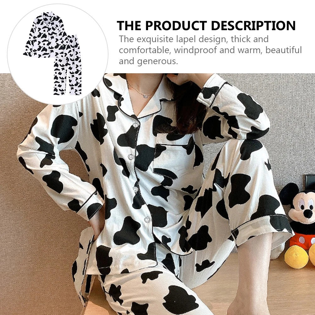 1 Set Women Long Sleeve Sleepwear Long Pants Home Cow Pattern Pajamas (L)