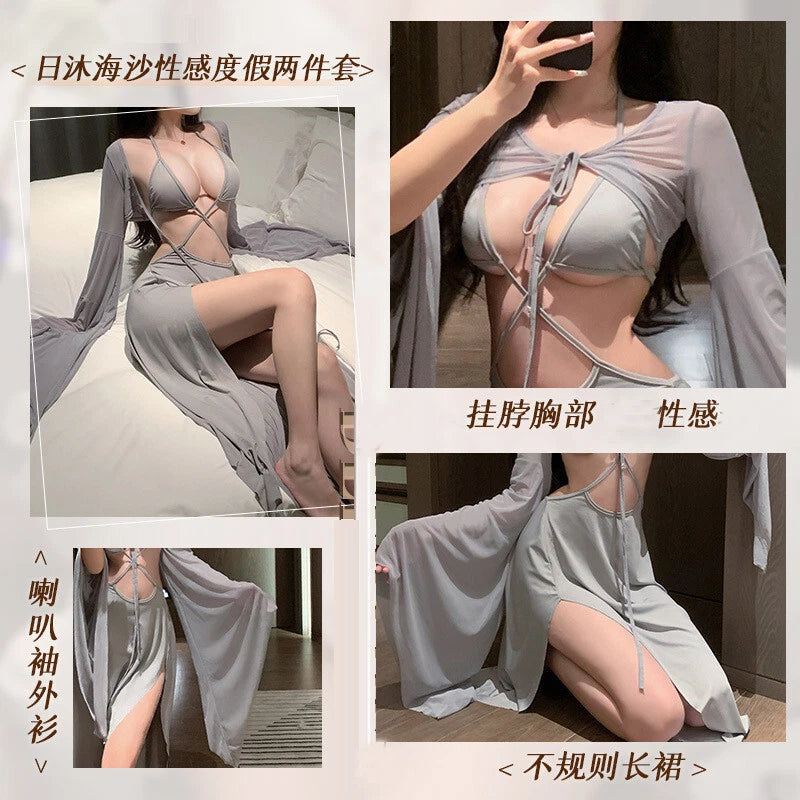Sexy Womens Lingerie Night Dress Vacation Beach Coats Dress Sets Sleepwear