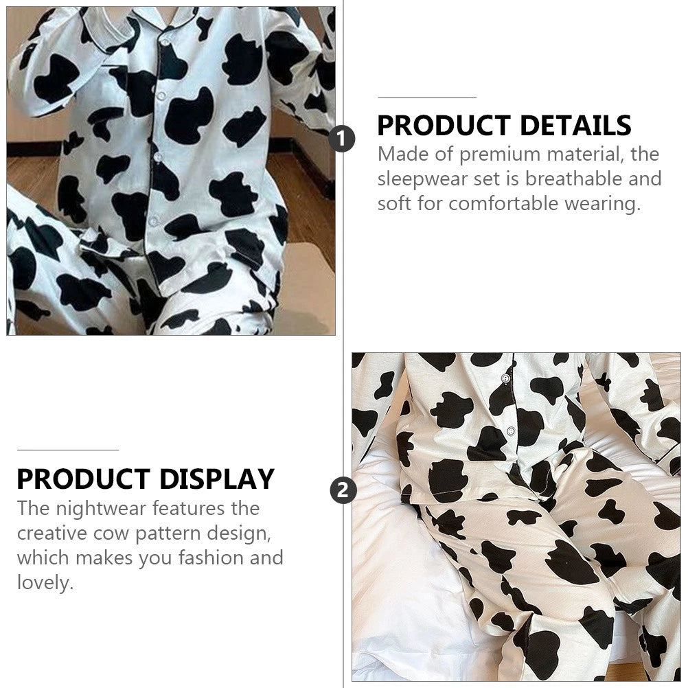 1 Set Women Long Sleeve Sleepwear Long Pants Home Cow Pattern Pajamas (XXL)