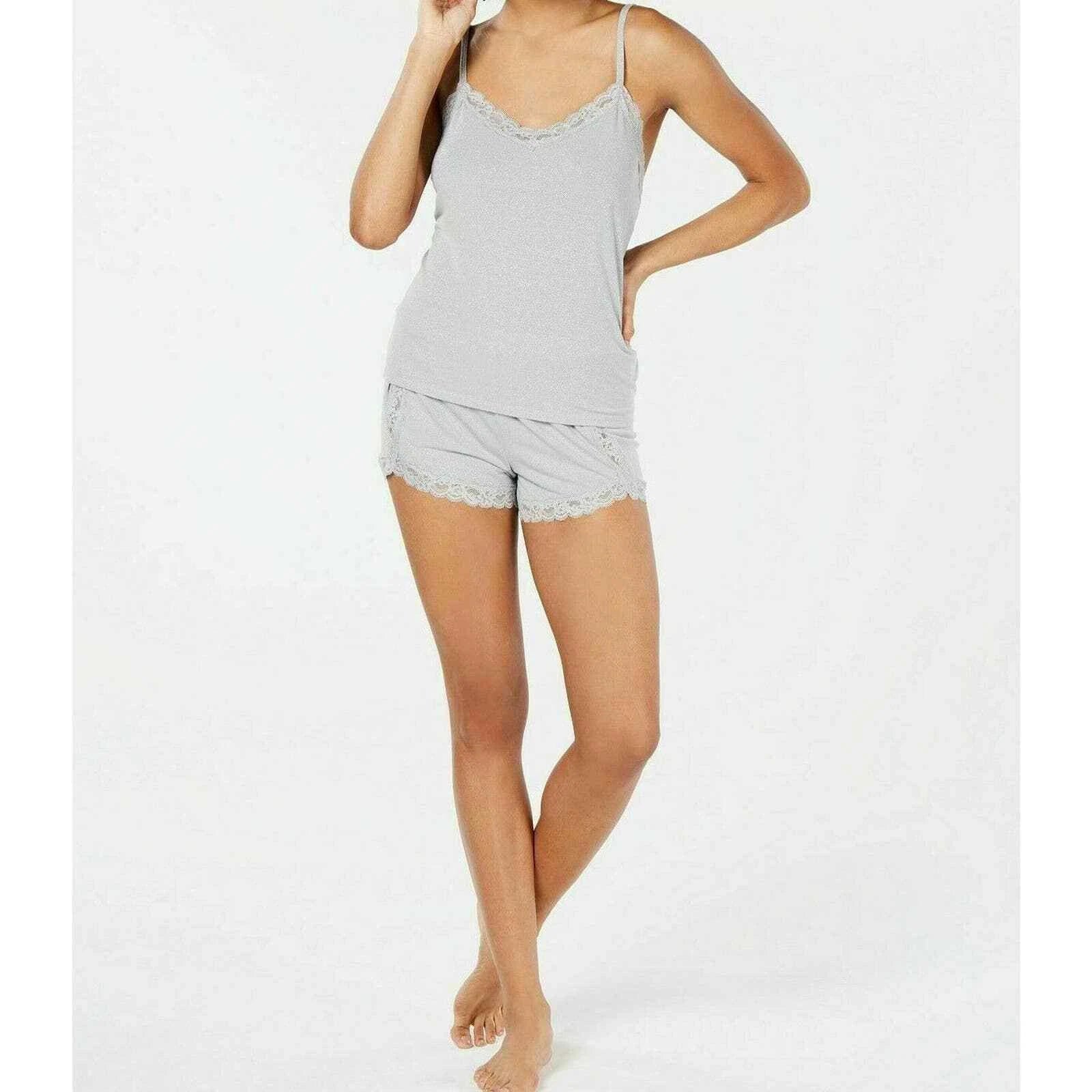 INC. International Concepts Intimates Lace Trim Sparkle Pajama Set Grey