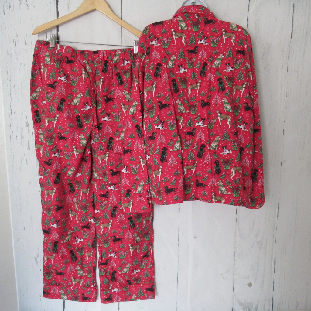 Lands End Pajamas Set L  Red Flannel Dog Dachshund Poodle Pants Top Long Sleeve